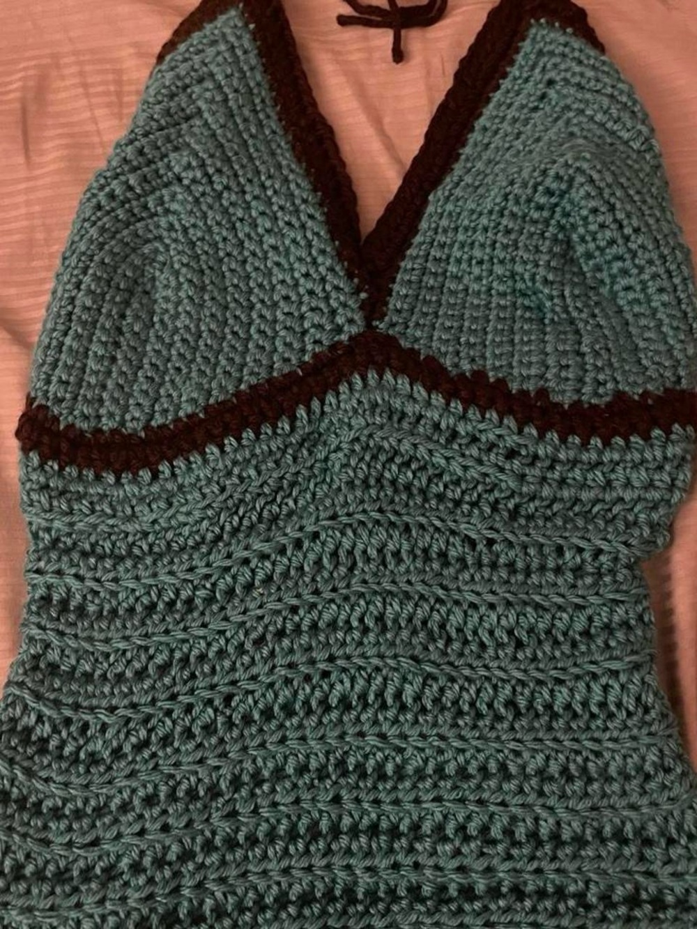 Hand-Crocheted Teal Halter Knit Top with Chocolate Trim